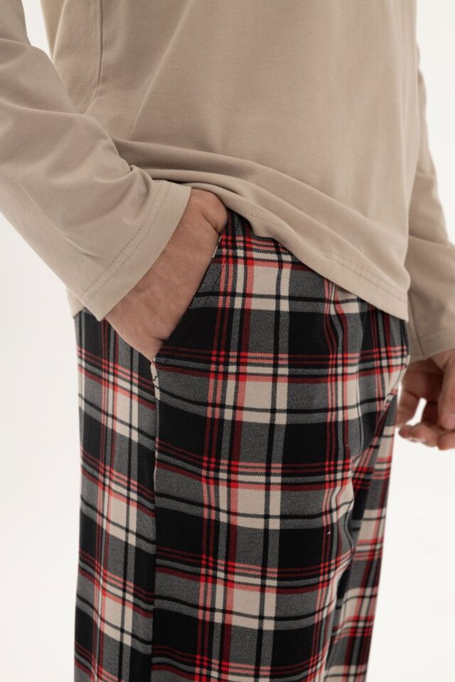 Erkek Pamuklu Uzun Kollu Basic Siyah - Vizon Ekose Desenli Cep Detaylı Pijama Takımı Siyah - Vizon - 2XL