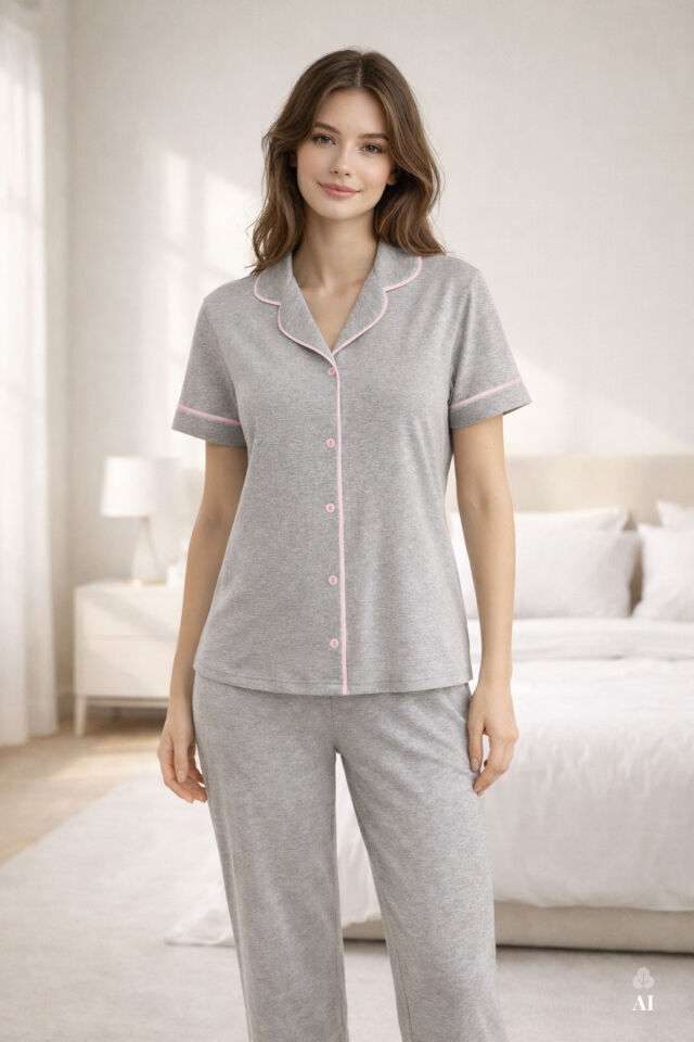 Kadın Kısa Kollu Gri Melanj Pudra Ara Biyeli Pijama Takımı KO7306TS-6 - S - KO7306TS-6 - S