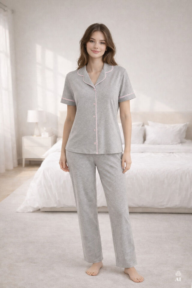 Kadın Kısa Kollu Gri Melanj Pudra Ara Biyeli Pijama Takımı KO7306TS-6 - S - KO7306TS-6 - S