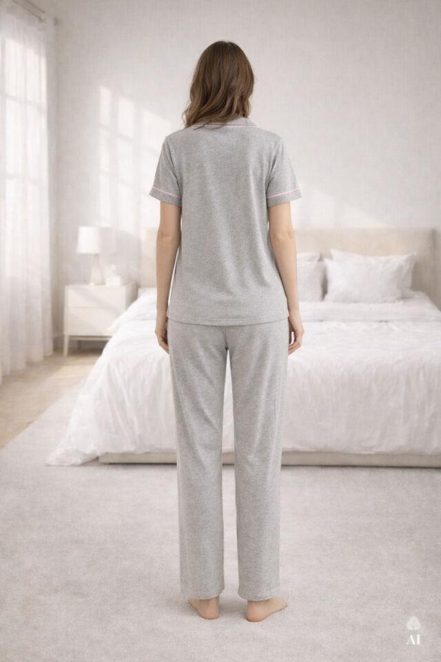 Kadın Kısa Kollu Gri Melanj Pudra Ara Biyeli Pijama Takımı KO7306TS-6 - S - KO7306TS-6 - S