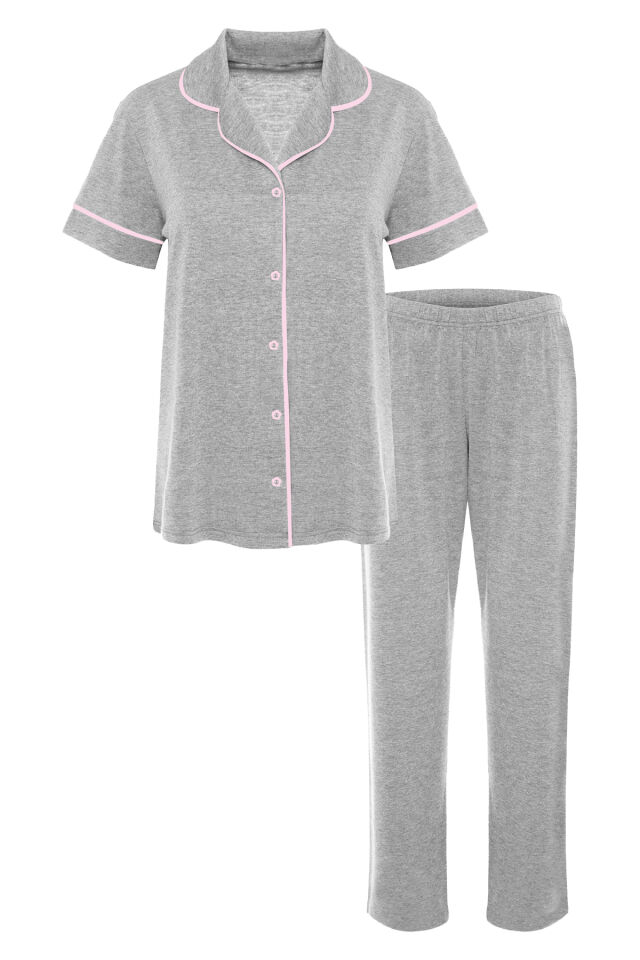 Kadın Kısa Kollu Gri Melanj Pudra Ara Biyeli Pijama Takımı KO7306TS-6 - S - KO7306TS-6 - S