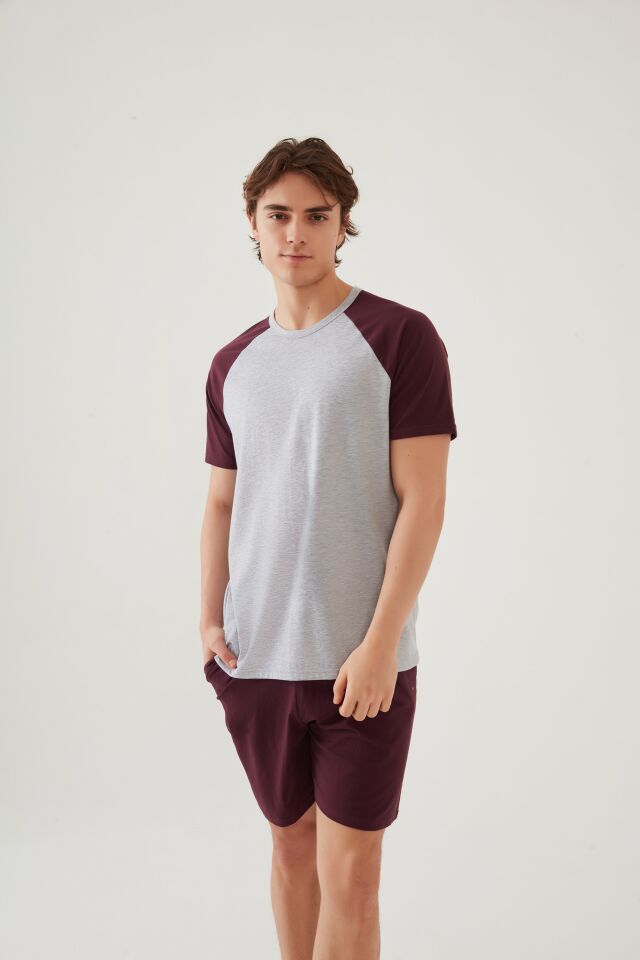 Erkek Pamuklu Cep Detaylı Reglan Kol Pijama Takımı L - Bordo - Ekru