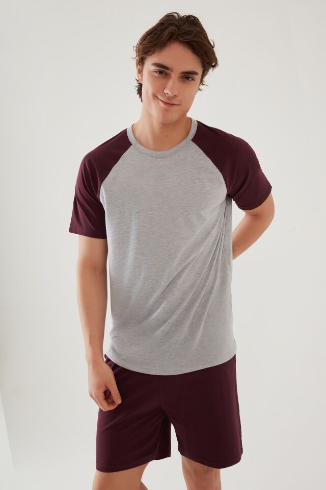 Erkek Pamuklu Cep Detaylı Reglan Kol Pijama Takımı L - Bordo - Ekru