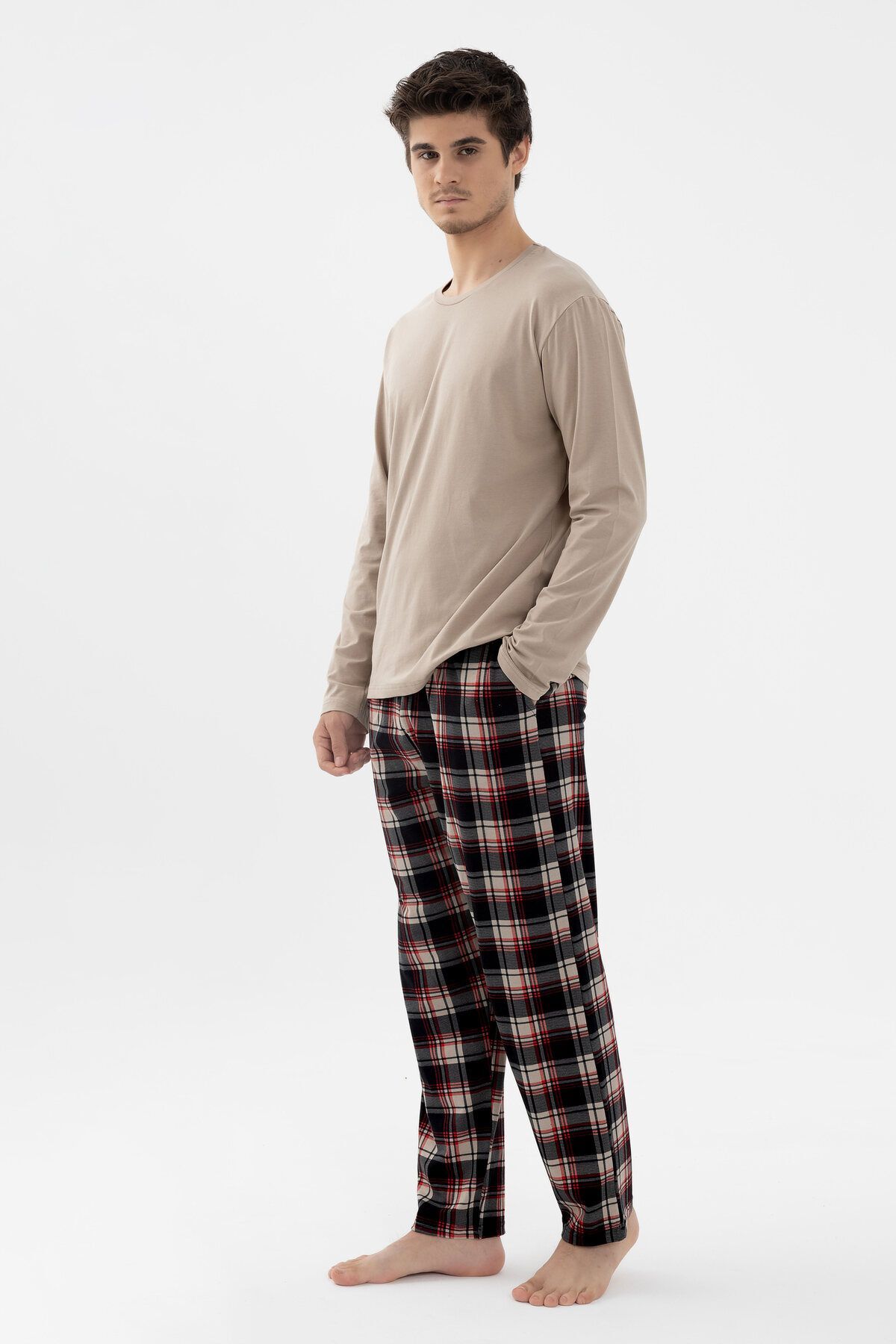 Erkek Pamuklu Uzun Kollu Basic Siyah - Vizon Ekose Desenli Cep Detaylı Pijama Takımı Siyah - Vizon - S