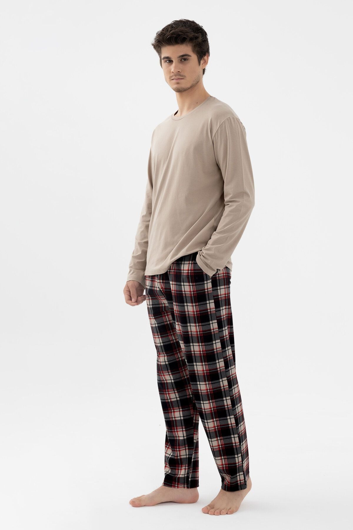 Erkek Pamuklu Uzun Kollu Basic Siyah - Vizon Ekose Desenli Cep Detaylı Pijama Takımı Siyah - Vizon - S