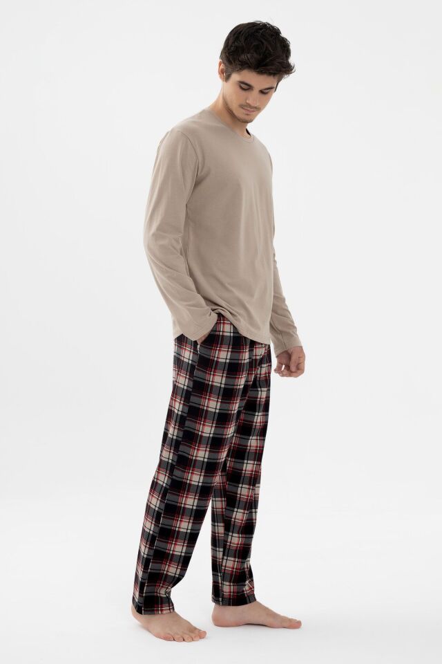 Erkek Pamuklu Uzun Kollu Basic Siyah - Vizon Ekose Desenli Cep Detaylı Pijama Takımı Siyah - Vizon - S