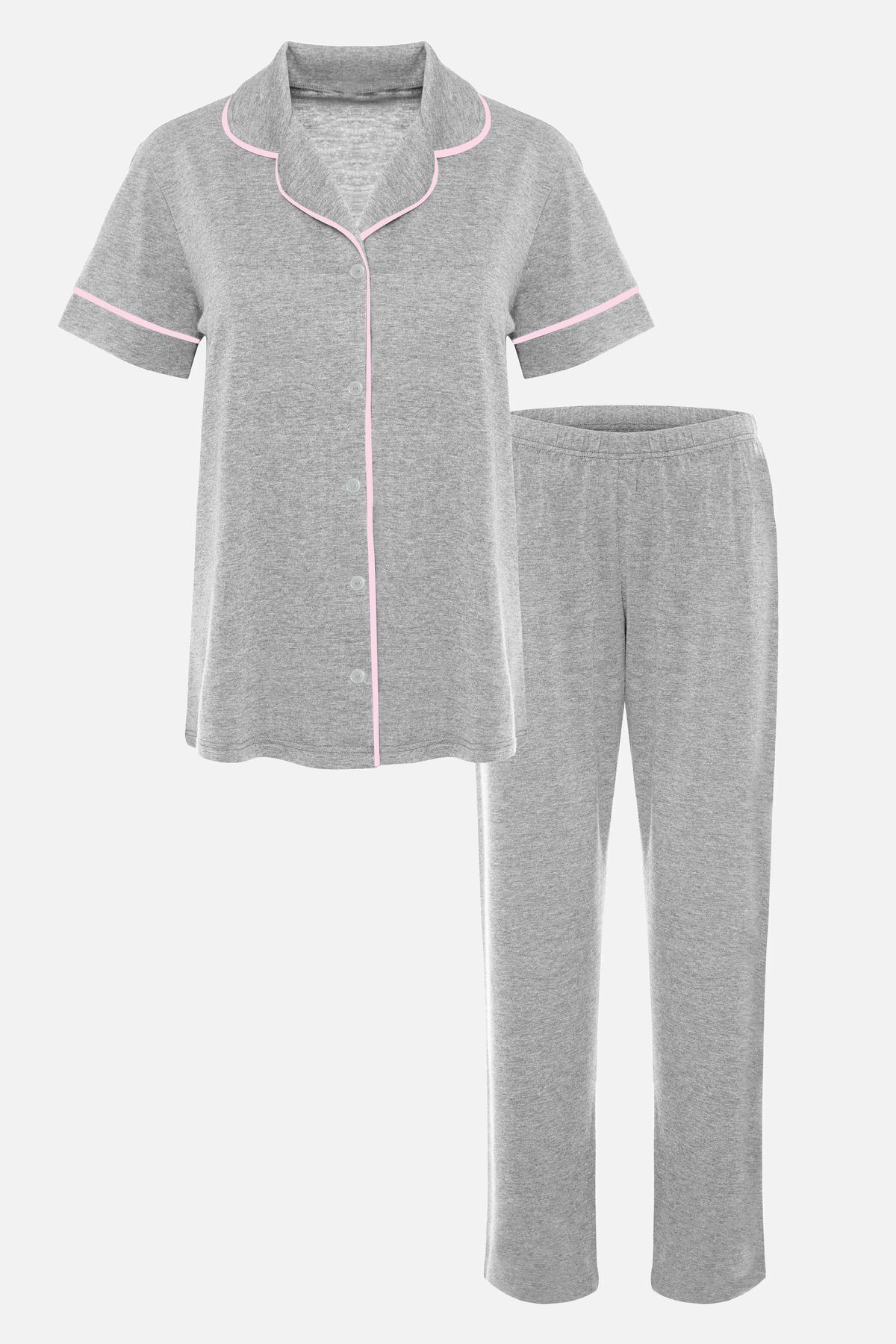Kadın Kısa Kollu Gri Melanj Pudra Ara Biyeli Pijama Takımı KO7306TS-6 - XL - KO7306TS-6 - XL