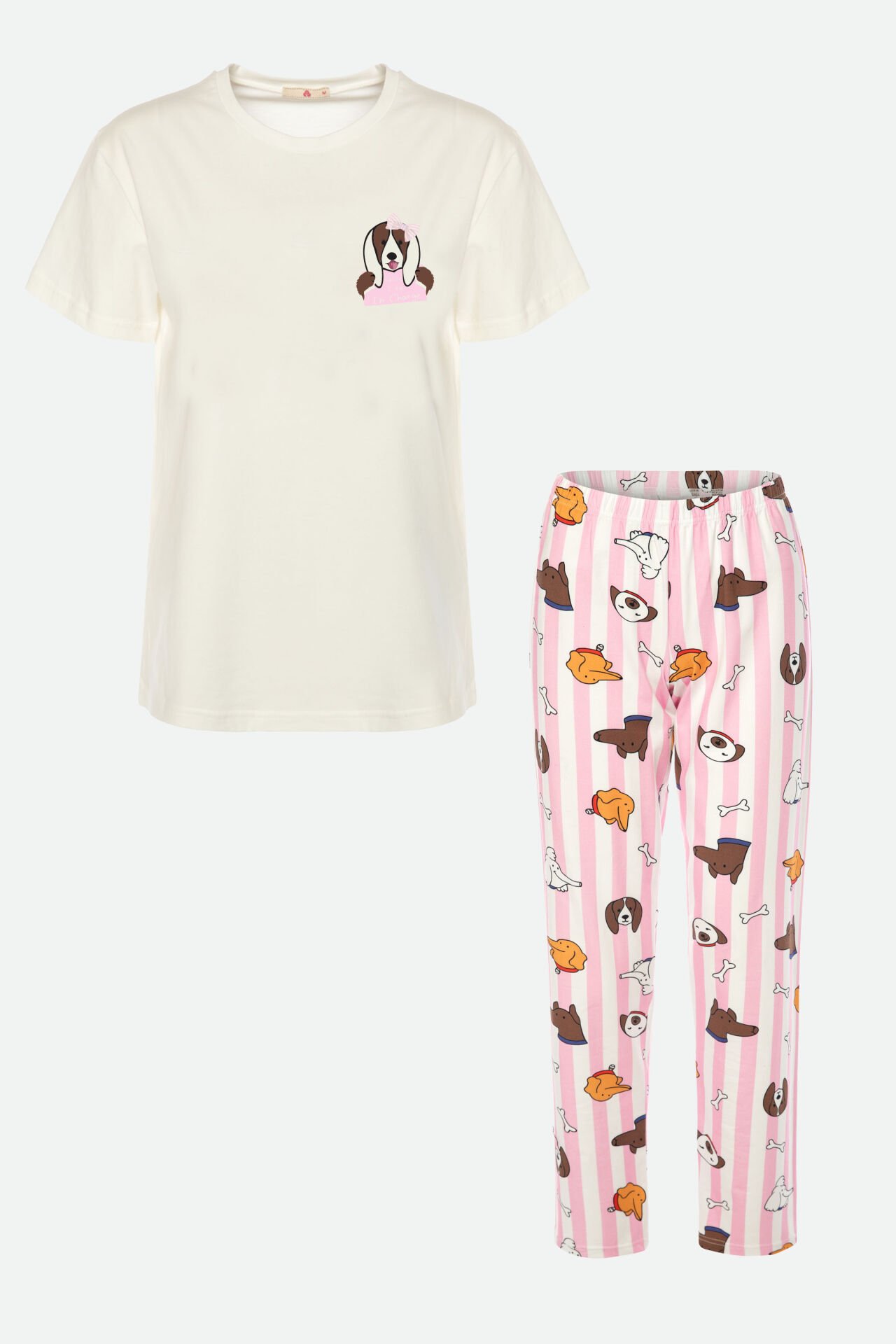 Kadın Kısa Kollu Pamuklu Desenli Pijama Takımı XL - Pembe - Ekru