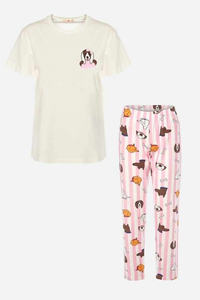 Kadın Kısa Kollu Pamuklu Desenli Pijama Takımı XL - Pembe - Ekru
