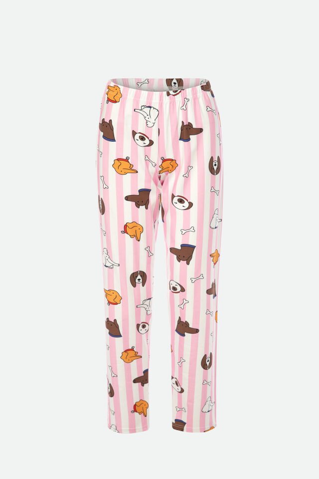 Kadın Kısa Kollu Pamuklu Desenli Pijama Takımı XL - Pembe - Ekru