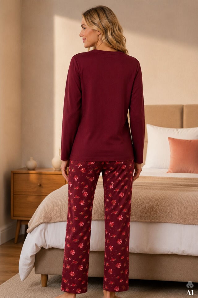 Kadın Pamuklu Uzun Kollu Ön Baskı ve Cep Detaylı Desenli Pijama Takımı Bordo - XL