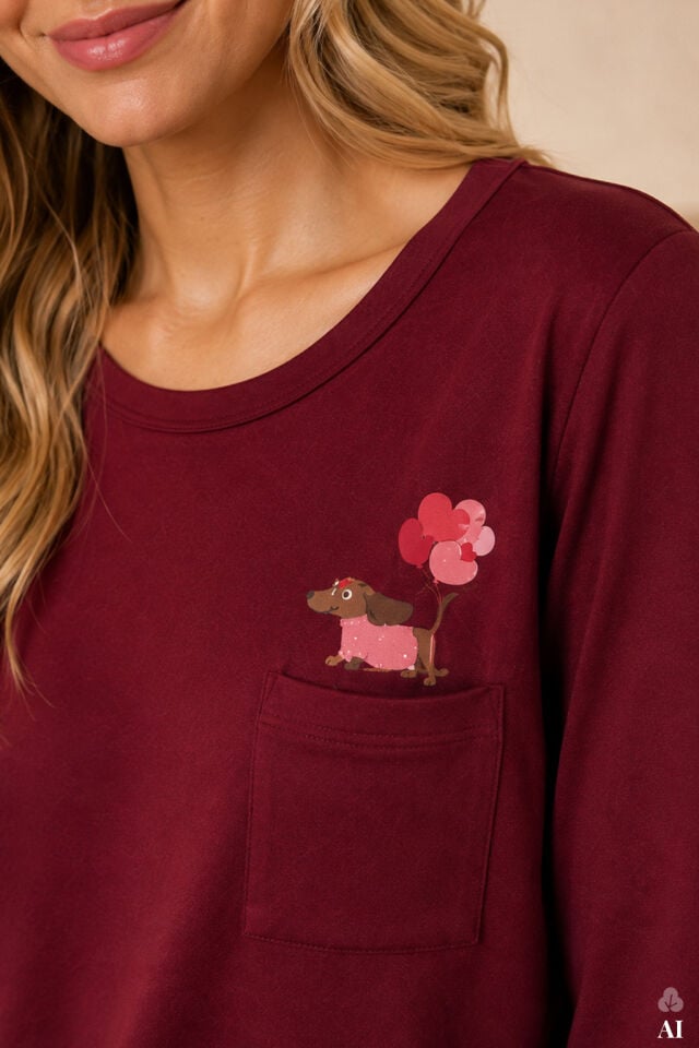 Kadın Pamuklu Uzun Kollu Ön Baskı ve Cep Detaylı Desenli Pijama Takımı Bordo - XL
