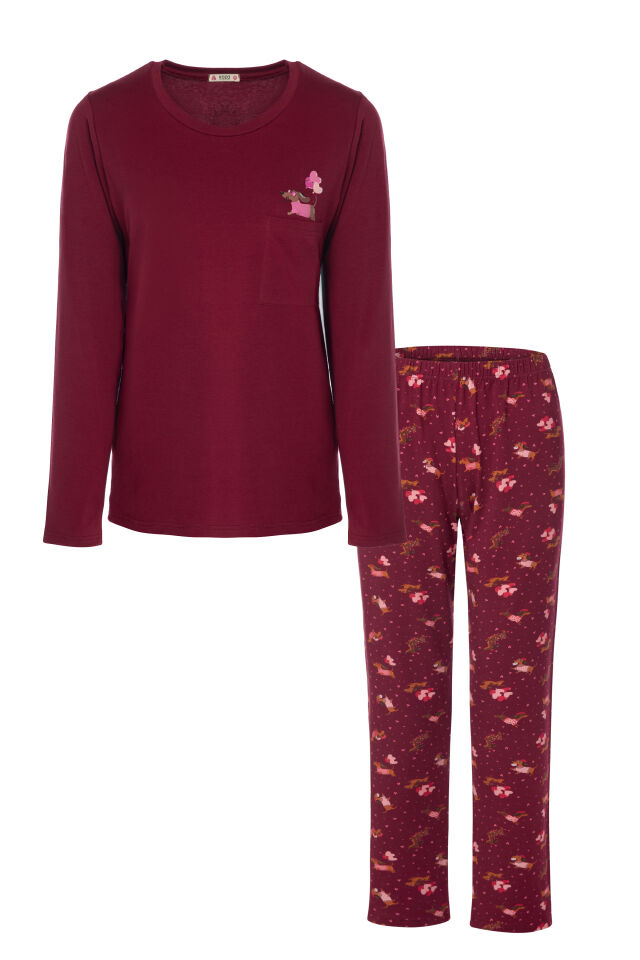 Kadın Pamuklu Uzun Kollu Ön Baskı ve Cep Detaylı Desenli Pijama Takımı Bordo - XL