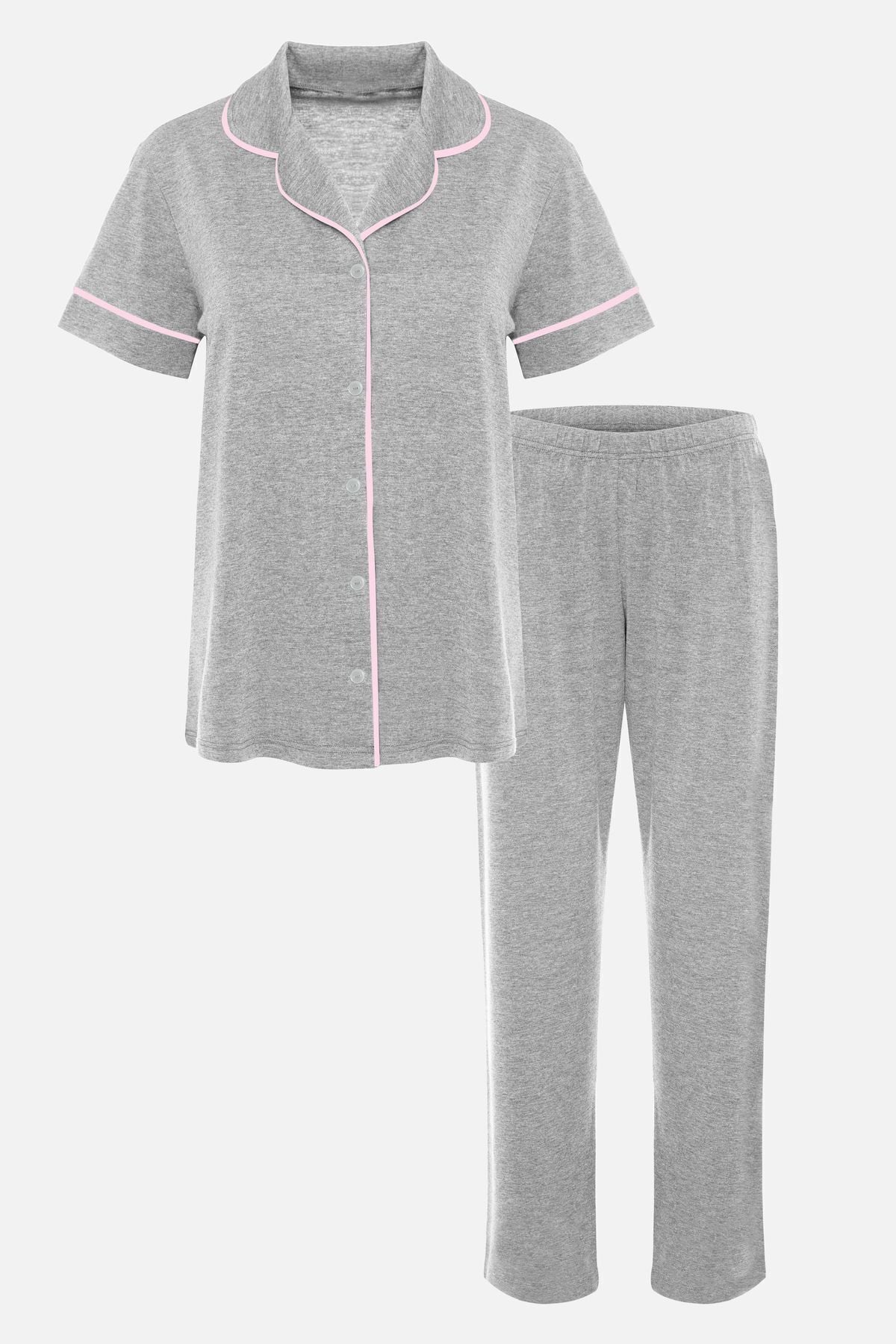 Kadın Kısa Kollu Gri Melanj Pudra Ara Biyeli Pijama Takımı KO7306TS-6 - M - KO7306TS-6 - M