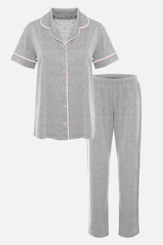 Kadın Kısa Kollu Gri Melanj Pudra Ara Biyeli Pijama Takımı KO7306TS-6 - M - KO7306TS-6 - M