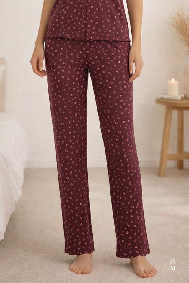 Kadın Kısa Kollu Fiyonklu Fitilli Pijama Takımı Bordo - Pembe - L