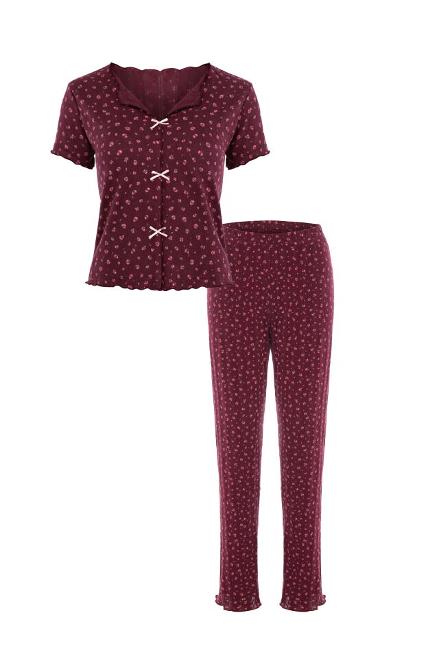 Kadın Kısa Kollu Fiyonklu Fitilli Pijama Takımı Bordo - Pembe - L