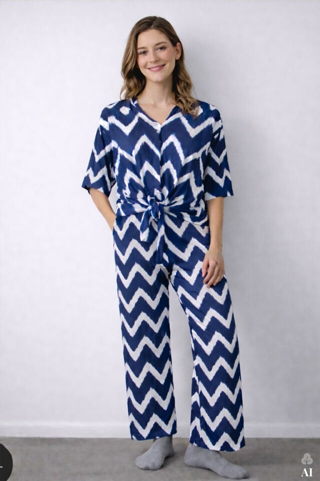 Kadın Pamuklu Önden Bağlamalı Desenli Crop T-shirt Pijama Takımı KO7300TS-2 - S