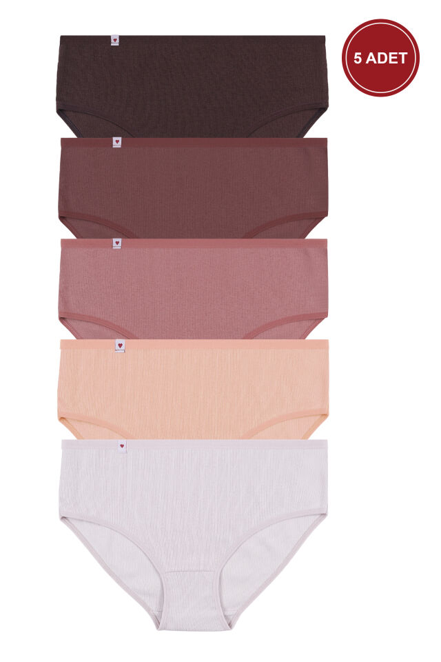 Kadın 5'li Pamuklu Kaşkorse Etiket Detaylı Yüksek Bel Külot Kahverengi - XL/2XL