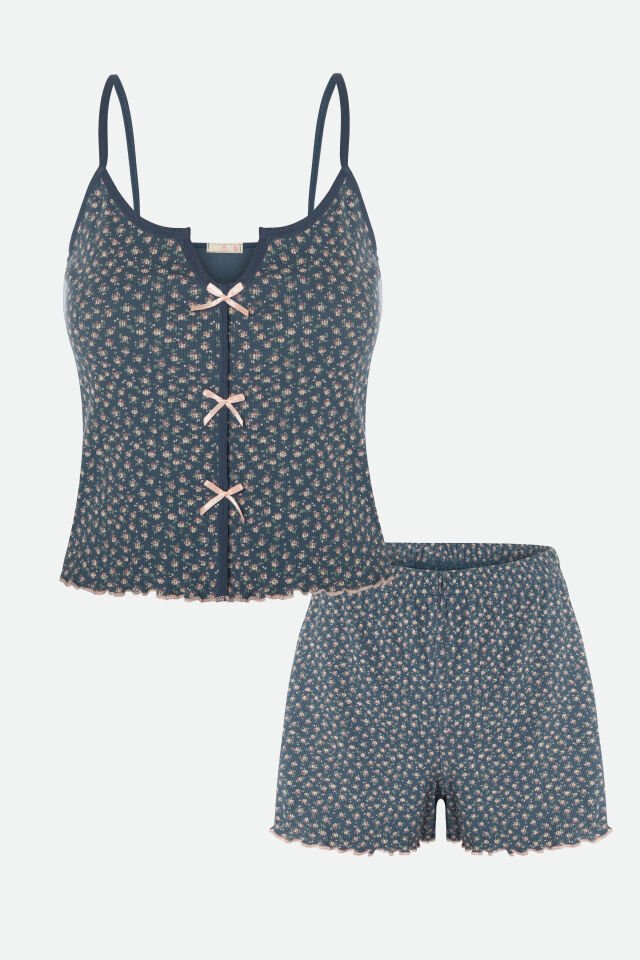 Kadın Çiçek Desenli Gül Fiyonklu İp Askılı Şort Takım S - Mavi - Pudra