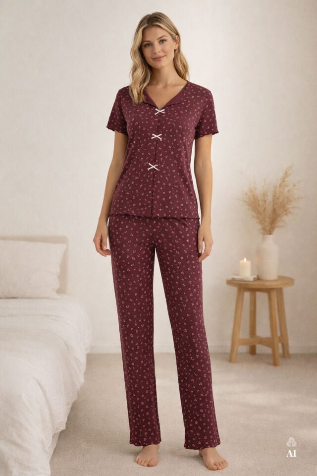 Kadın Kısa Kollu Fiyonklu Fitilli Pijama Takımı Bordo - Pembe - XL