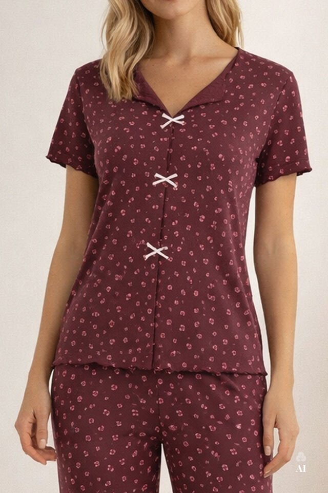 Kadın Kısa Kollu Fiyonklu Fitilli Pijama Takımı Bordo - Pembe - XL