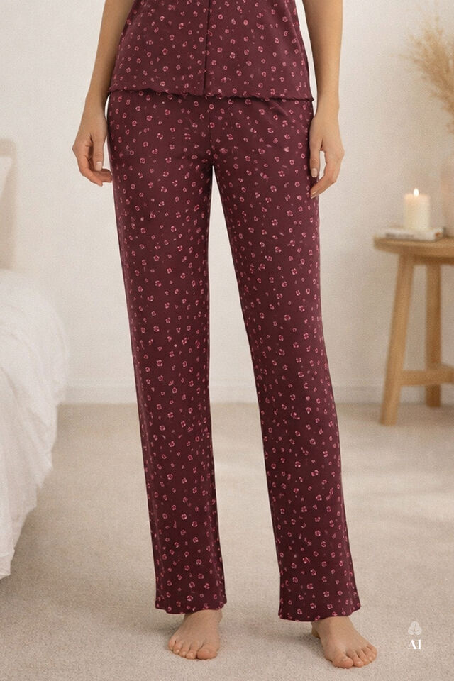 Kadın Kısa Kollu Fiyonklu Fitilli Pijama Takımı Bordo - Pembe - XL