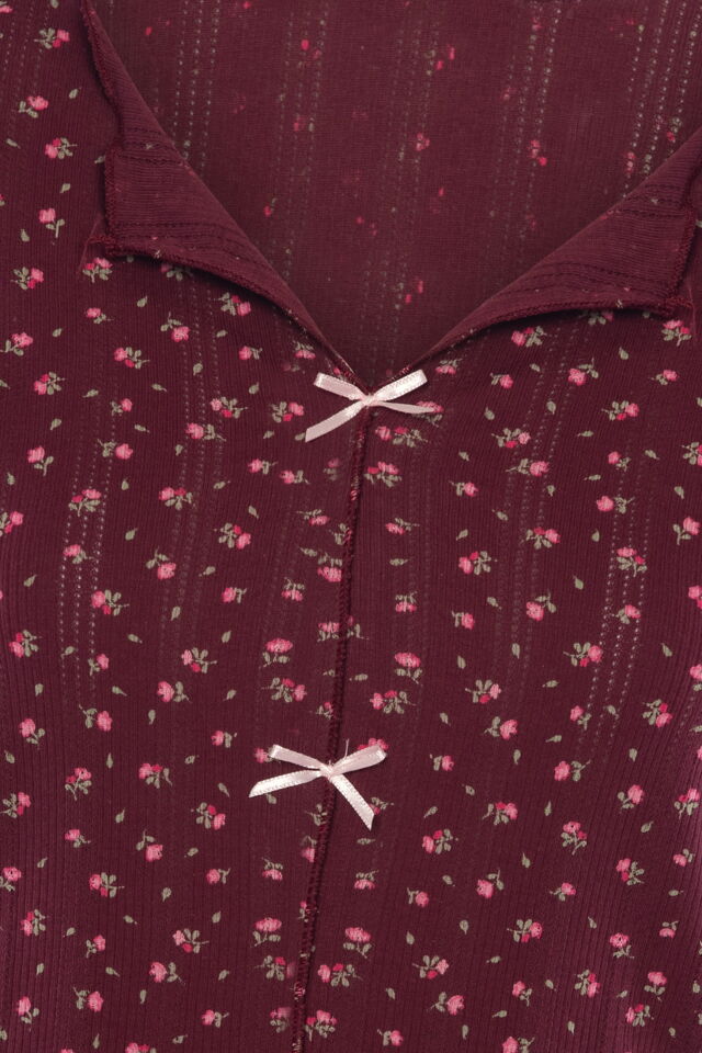 Kadın Kısa Kollu Fiyonklu Fitilli Pijama Takımı Bordo - Pembe - XL