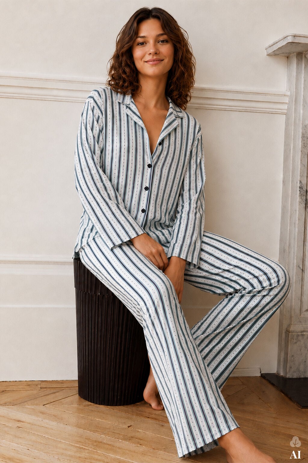 Kadın Pamuklu Çizgili Düğmeli Gömlek Yaka Uzun Kollu Pijama Takımı Mavi - Beyaz - M