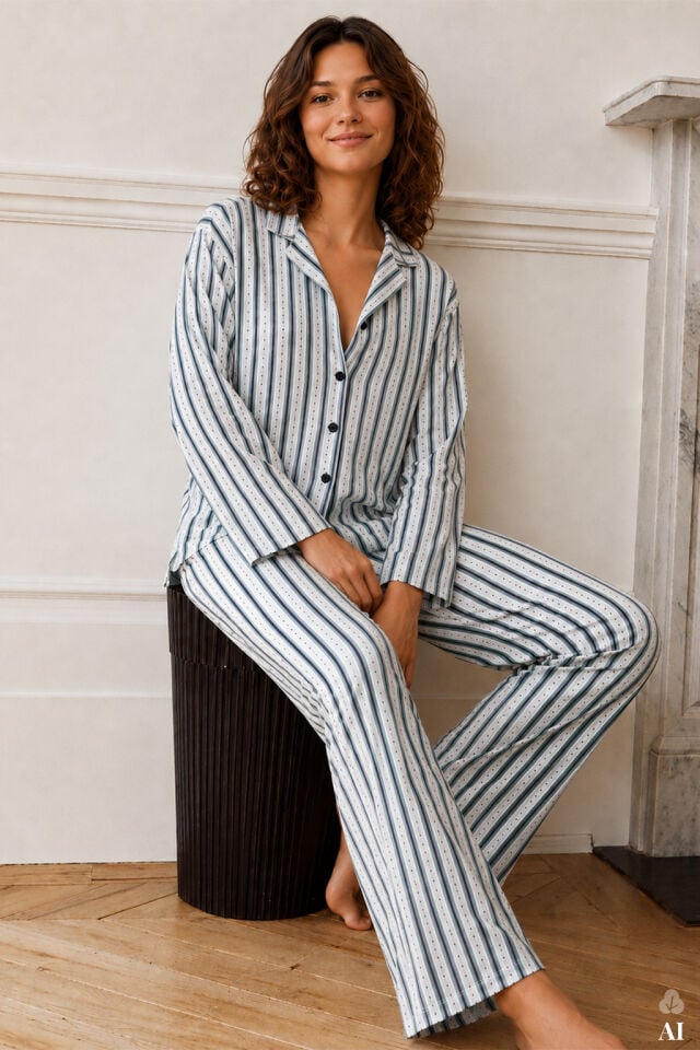 Kadın Pamuklu Çizgili Düğmeli Gömlek Yaka Uzun Kollu Pijama Takımı Mavi - Beyaz - M