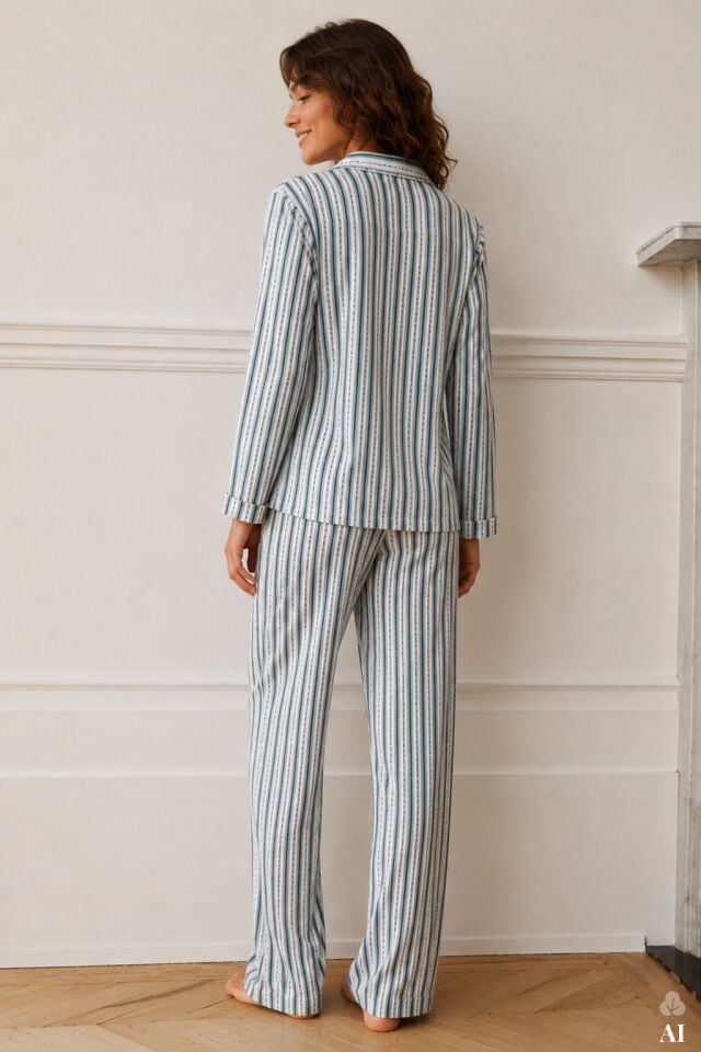 Kadın Pamuklu Çizgili Düğmeli Gömlek Yaka Uzun Kollu Pijama Takımı Mavi - Beyaz - M