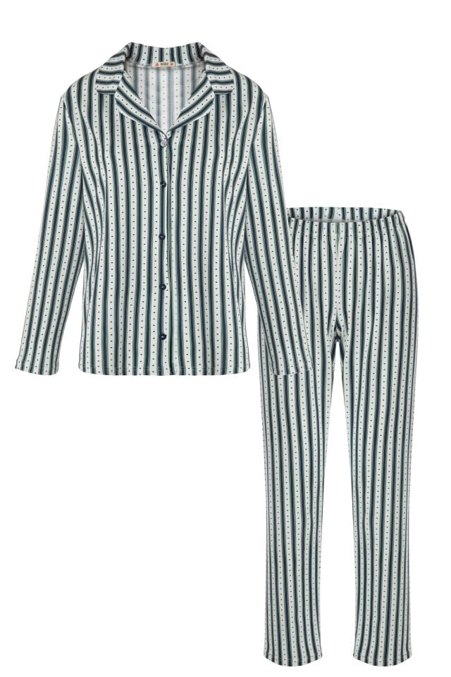 Kadın Pamuklu Çizgili Düğmeli Gömlek Yaka Uzun Kollu Pijama Takımı Mavi - Beyaz - M