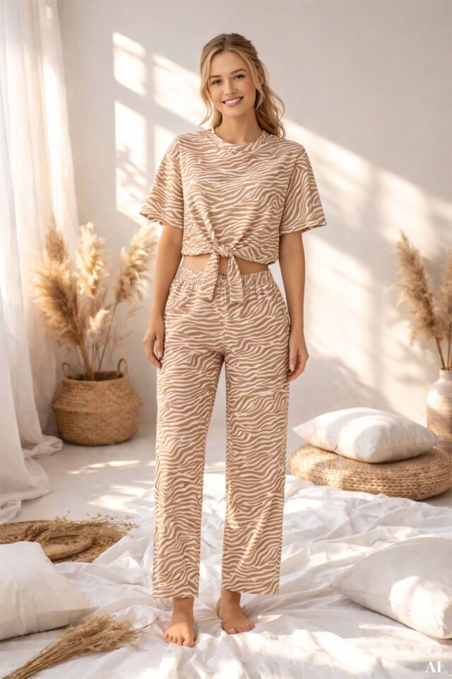 Kadın Pamuklu Önden Bağlamalı Desenli Crop T-shirt Pijama Takımı Kahverengi - Ekru - S