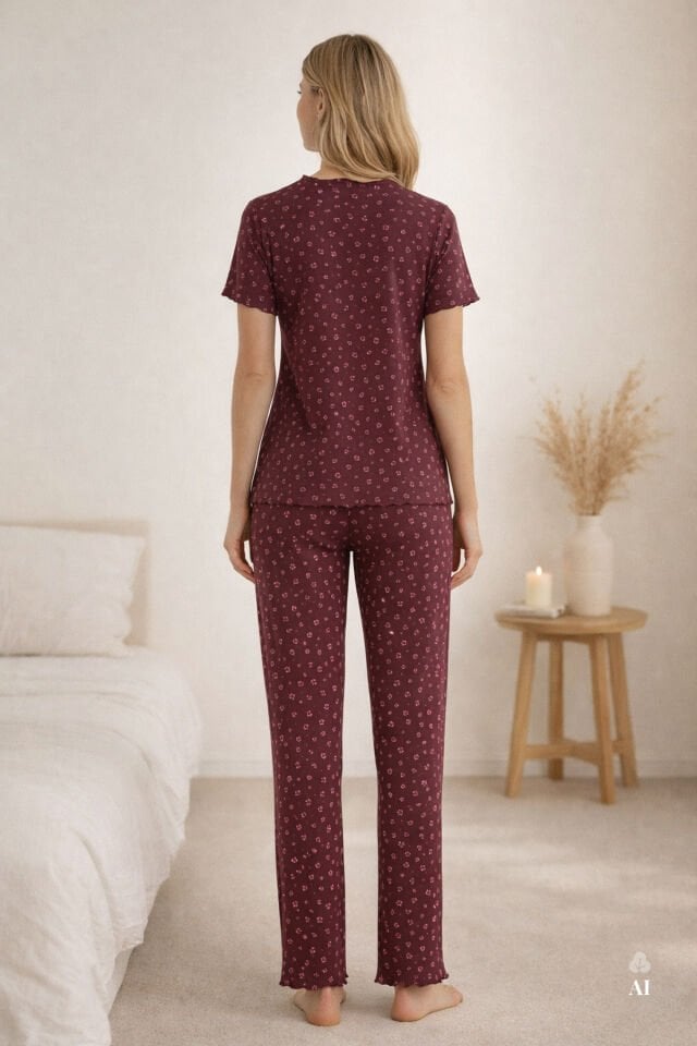 Kadın Kısa Kollu Fiyonklu Fitilli Pijama Takımı Bordo - Pembe - 2XL