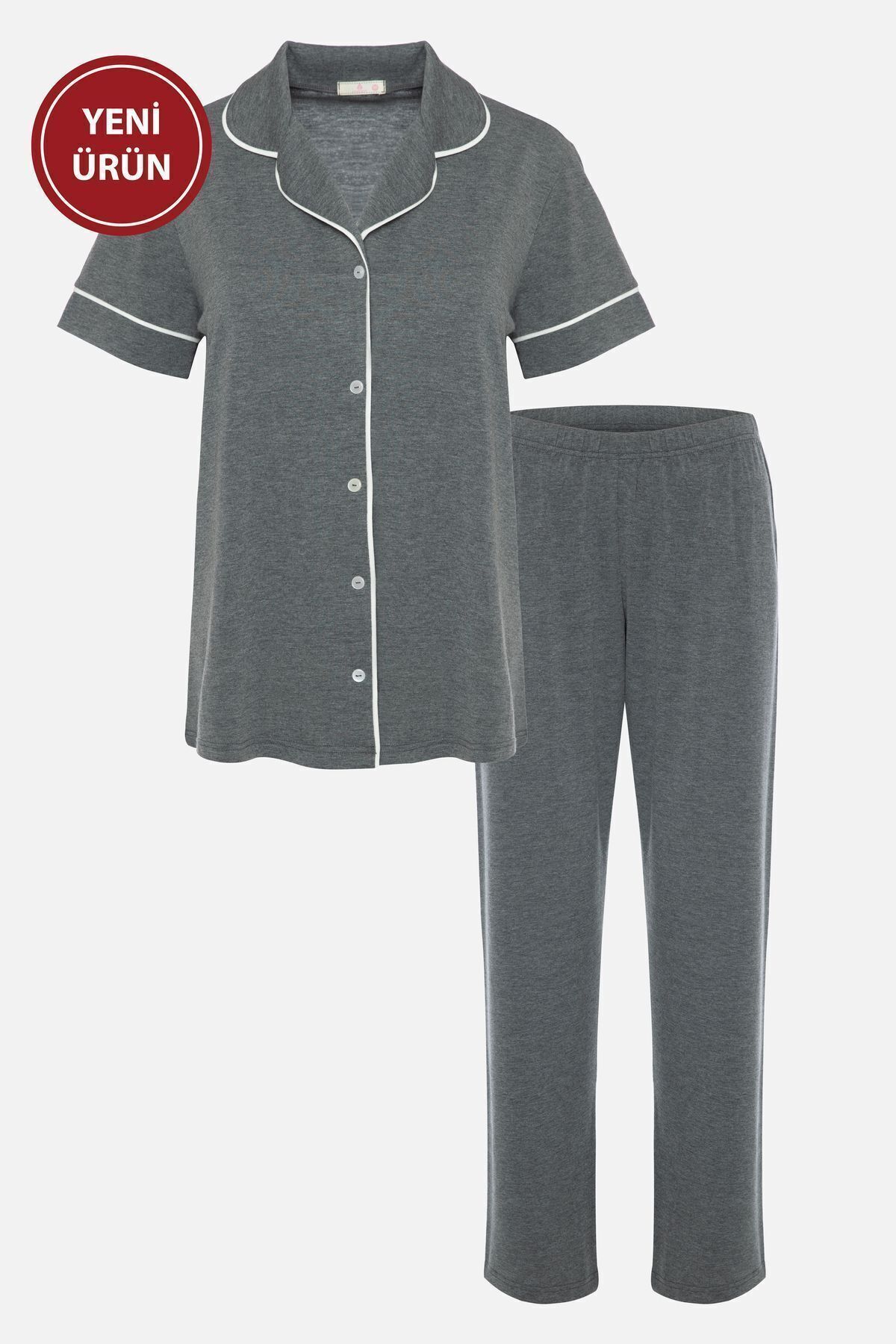 Kadın Kısa Kollu Gri Melanj Pudra Ara Biyeli Pijama Takımı KO7306TS-1 - XL - KO7306TS-1 - XL