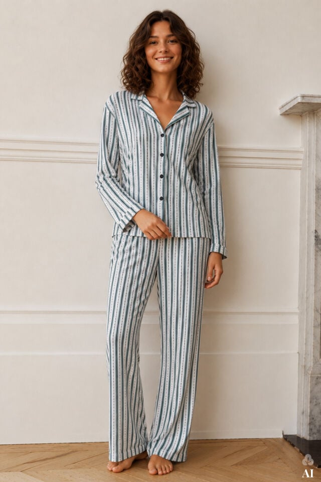 Kadın Pamuklu Çizgili Düğmeli Gömlek Yaka Uzun Kollu Pijama Takımı Mavi - Beyaz - XL