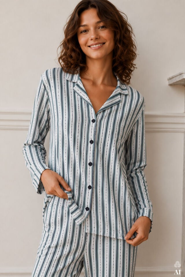 Kadın Pamuklu Çizgili Düğmeli Gömlek Yaka Uzun Kollu Pijama Takımı Mavi - Beyaz - XL