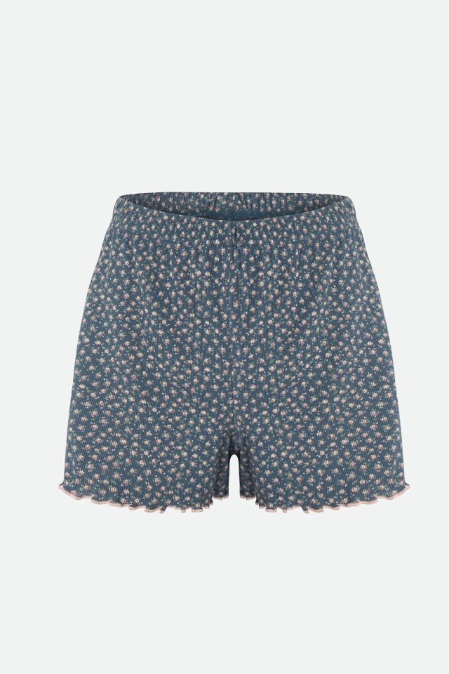 Kadın Çiçek Desenli Gül Fiyonklu İp Askılı Şort Takım XL - Mavi - Pudra