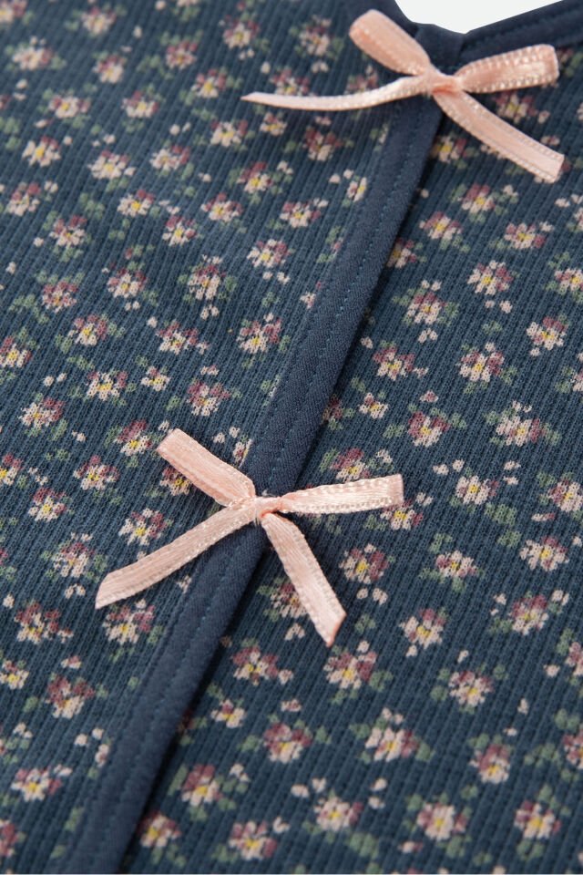 Kadın Çiçek Desenli Gül Fiyonklu İp Askılı Şort Takım XL - Mavi - Pudra