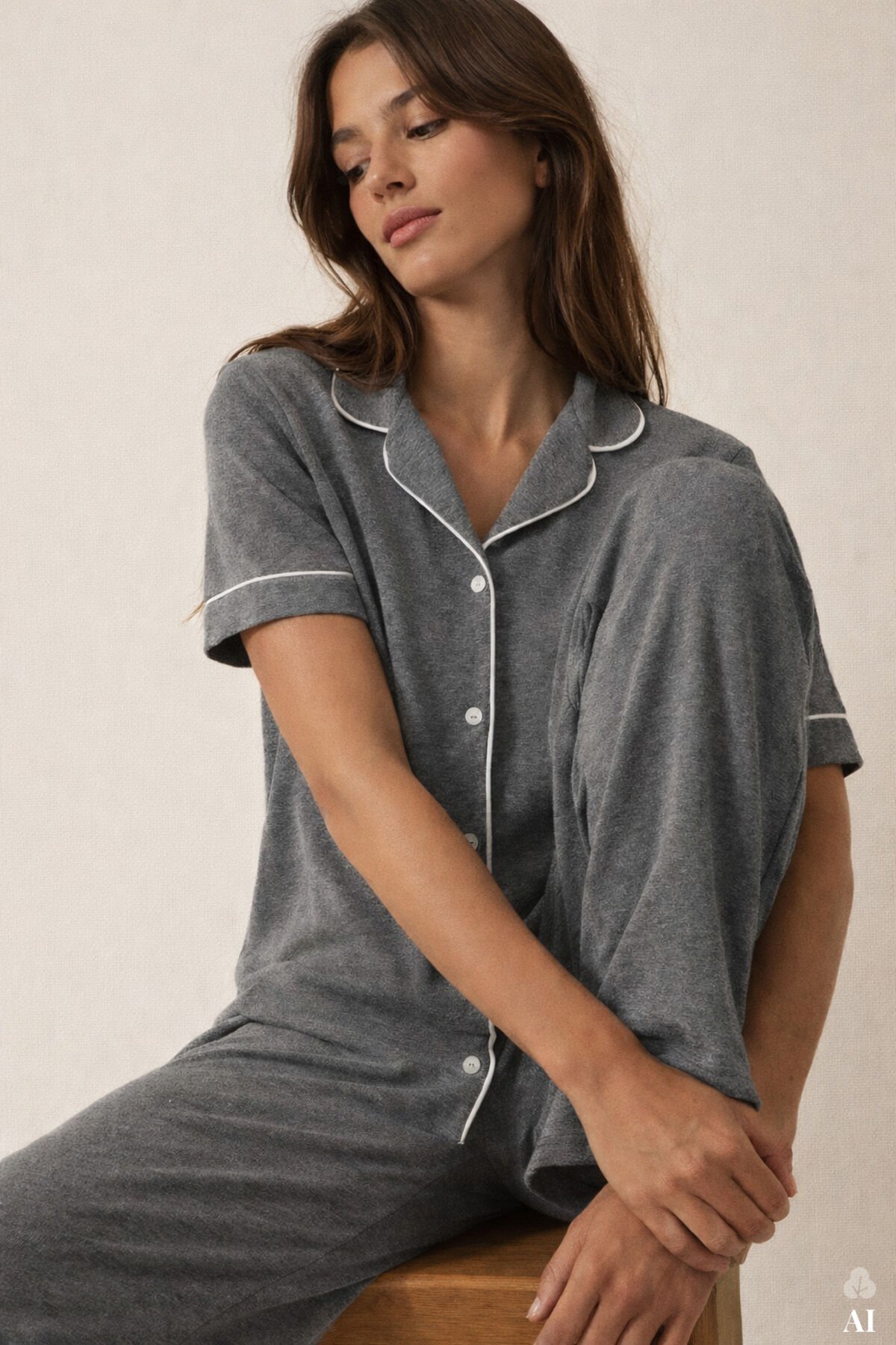 Kadın Kısa Kollu Gri Melanj Pudra Ara Biyeli Pijama Takımı KO7306TS-1 - L - KO7306TS-1 - L