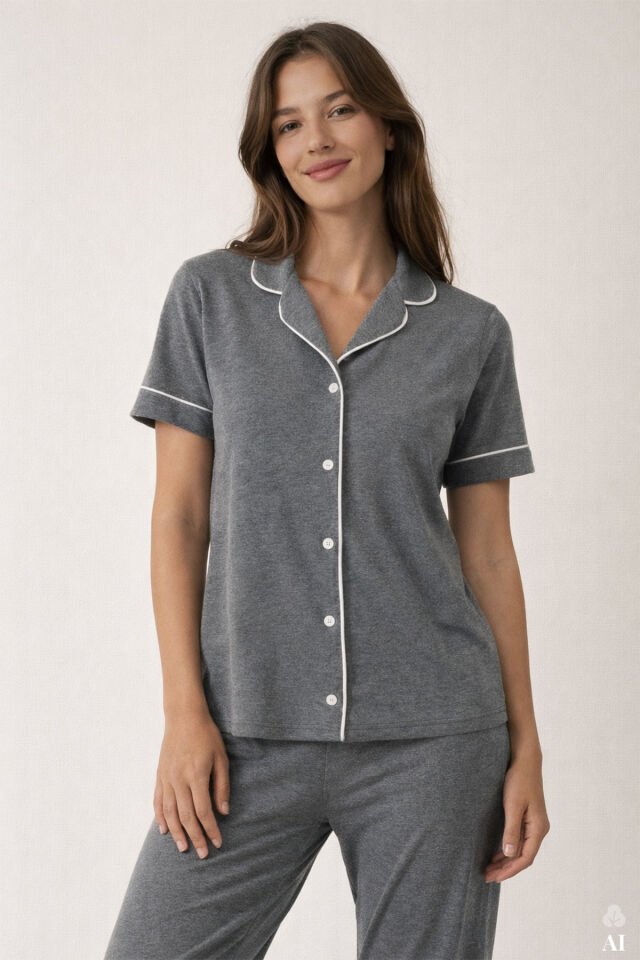 Kadın Kısa Kollu Gri Melanj Pudra Ara Biyeli Pijama Takımı KO7306TS-1 - L - KO7306TS-1 - L