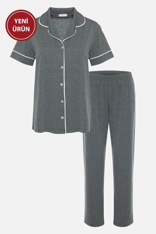 Kadın Kısa Kollu Gri Melanj Pudra Ara Biyeli Pijama Takımı KO7306TS-1 - L - KO7306TS-1 - L