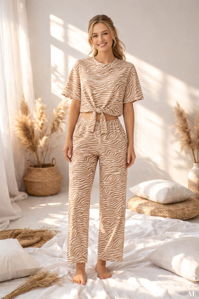 Kadın Pamuklu Önden Bağlamalı Desenli Crop T-shirt Pijama Takımı Kahverengi - Ekru - XL