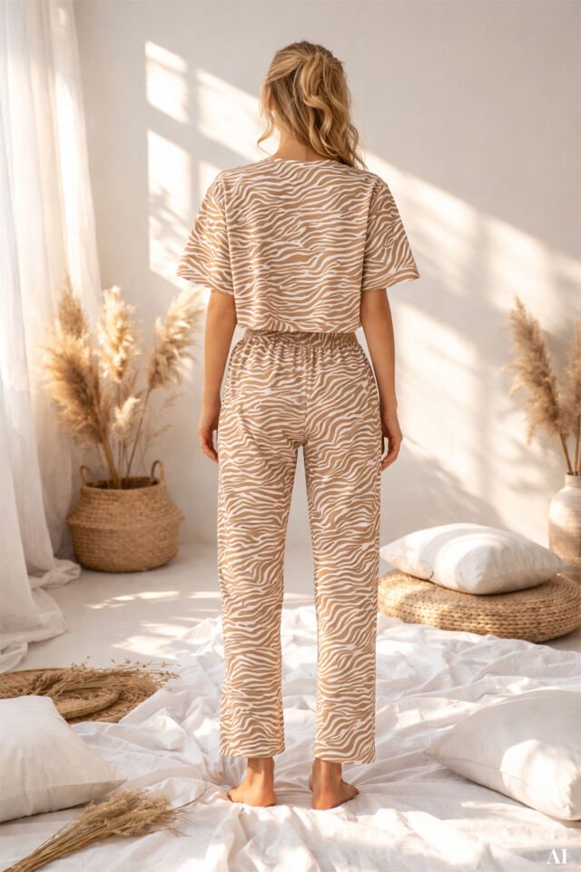 Kadın Pamuklu Önden Bağlamalı Desenli Crop T-shirt Pijama Takımı Kahverengi - Ekru - XL