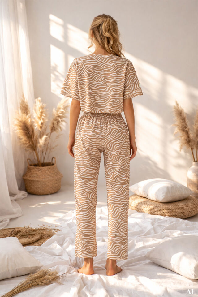 Kadın Pamuklu Önden Bağlamalı Desenli Crop T-shirt Pijama Takımı Kahverengi - Ekru - XL