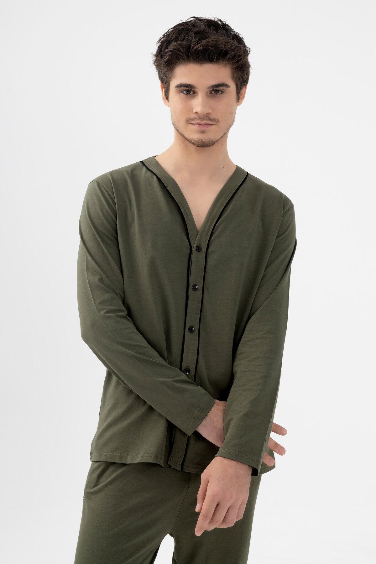 Erkek Pamuklu, Likralı, Düğmeli ve Cep Detaylı Pijama Takımı KO6301PJ-2 - S
