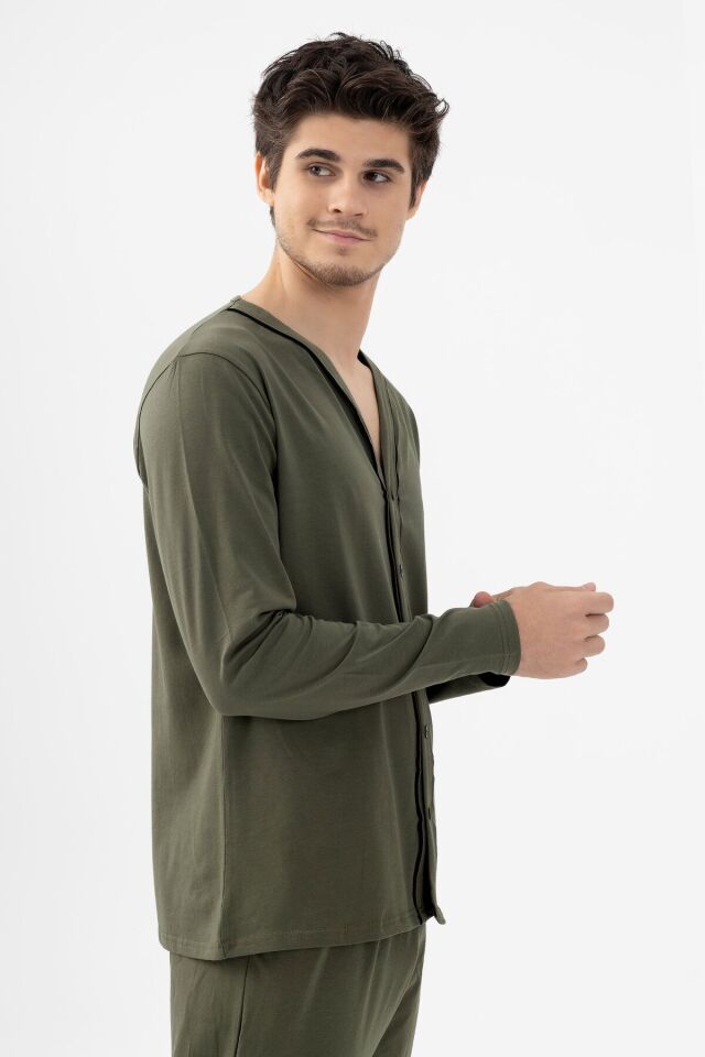 Erkek Pamuklu, Likralı, Düğmeli ve Cep Detaylı Pijama Takımı KO6301PJ-2 - M