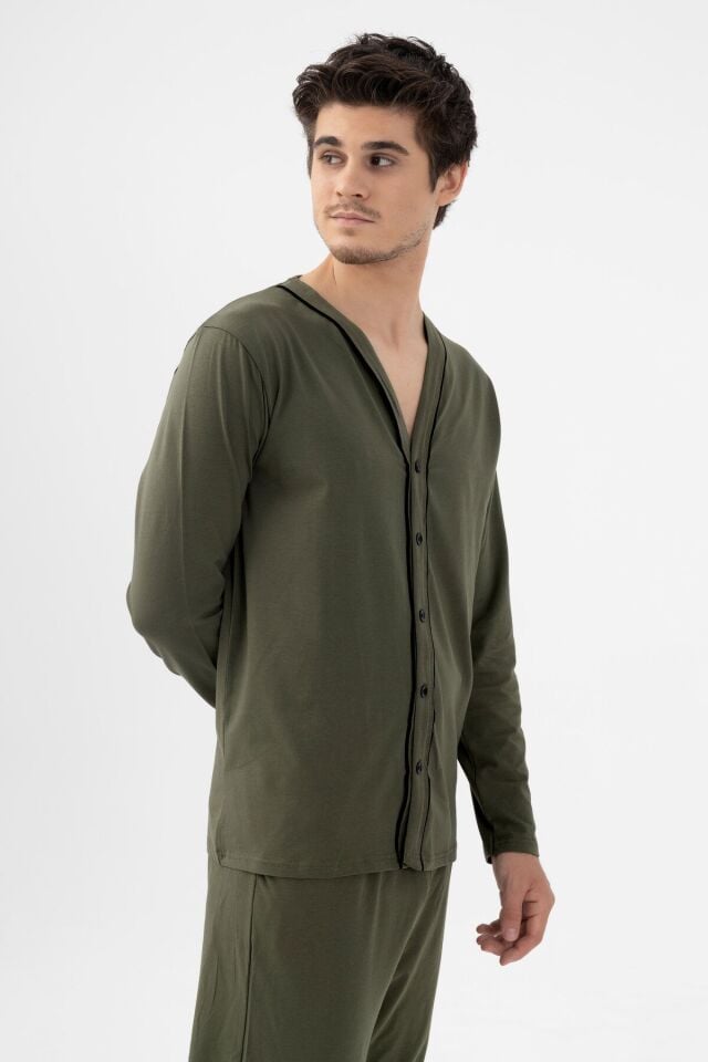 Erkek Pamuklu, Likralı, Düğmeli ve Cep Detaylı Pijama Takımı KO6301PJ-2 - M