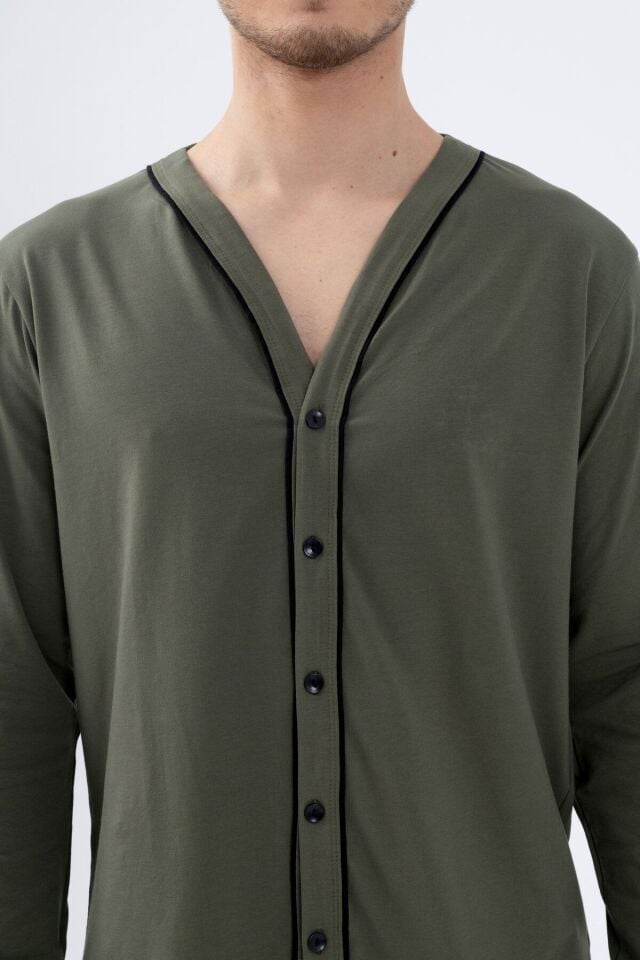 Erkek Pamuklu, Likralı, Düğmeli ve Cep Detaylı Pijama Takımı KO6301PJ-2 - M