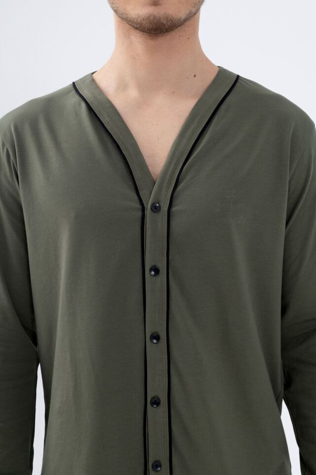Erkek Pamuklu, Likralı, Düğmeli ve Cep Detaylı Pijama Takımı KO6301PJ-2 - M